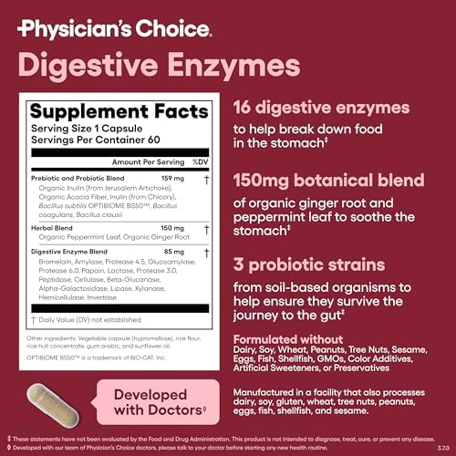 Physician's CHOICE Digestive Enzymes - Multi Enzymes, Organic Prebiotics & Probiotics for Digestive Health & Gut Health - Meal Time Discomfort Relief & Bloating - Dual Action Approach - 60 CT