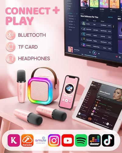 IROO Mini Karaoke Machine for Kids, 2025 TOP Toys Birthday Gifts Ideas for Girls Ages 4, 5, 6, 7, 8, 9, 10, 12+ Years Old, Portable MP3 Player with 3 Wireless Mics for Party