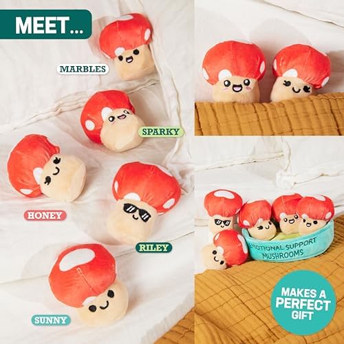Emotional Support Mushrooms by Relatable, Cuddly Stuffed Animals and Toys, Squishy Toys and Plushies, Great Gift Ideas for Loved Ones of All Ages, Includes 5 Mushroom Plushies with Carrying Basket