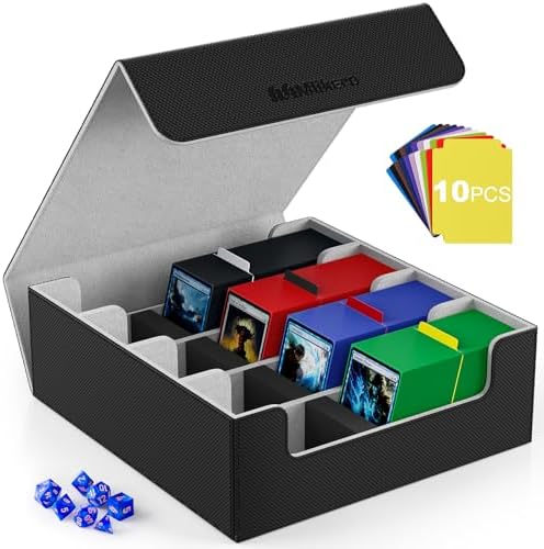 Mlikero Card Deck Case, 2400+ Trading Card Storage Box with 10 Colorful Dividers and 4 Foam Stoppers, Leather Magnetic Closure Commander Deck Box Fit for MTG, TCG (4 Rows, Black&Grey)