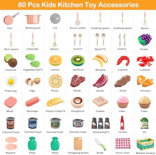 80pcs Pretend Play Kitchen Set for Toddlers, Kids Cookware Playset with Pots/Pans/Food/Fruits/Vegetables/Picnic Blanket/Storage Basket, Pink Educational Learning Toy Gift for Boys & Girls