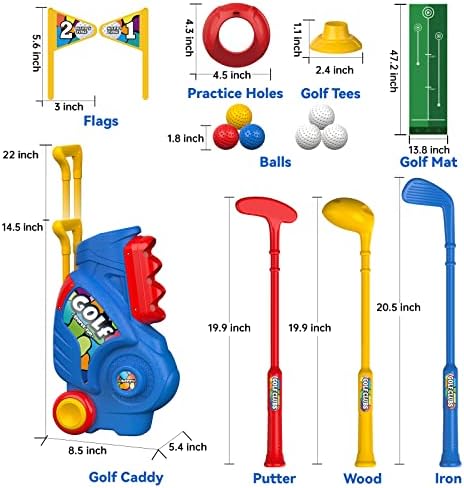 Liberry Toddler Golf Set with Putting Mat for 2 3 4 5 Years Old Boys Girls, Upgraded Kids Golf Cart with Unique Shoulder Strap Design, Indoor and Outdoor Golf Toys