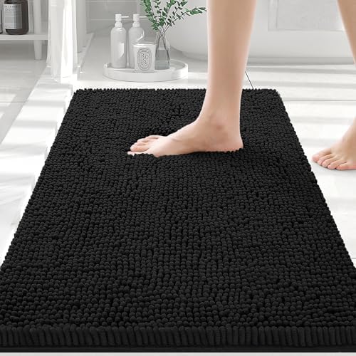 Smiry Luxury Chenille Bathroom Rugs 36x24, Extra Soft and Absorbent Shaggy Bath Mat, Machine Washable, Non-Slip Plush Carpet Runner for Tub, Shower, and Floor, Home Decor Accessories, Black
