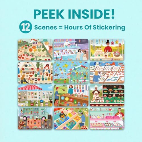 CUPKIN Sticker Book for Kids 2-4, 500+ Kids Stickers, Farmer's Market 12 Coloring Pages 12 Side by Side Scenes, Fun Toddler Travel Activity Coloring and Sticker Books for Children Ages 4-8 + 8-10