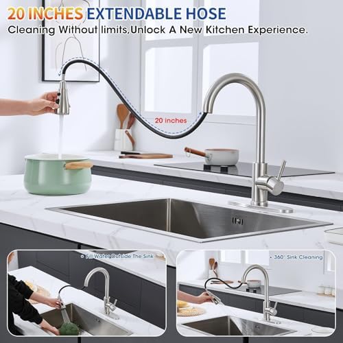 Kitchen Faucets with Pull Down Sprayer, High Arc Single Handle Stainless Steel Commercial Kitchen Faucet 1 or 3 Hole Sink Faucet for Farmhouse Camper Laundry Rv Bar, Brushed Nickel