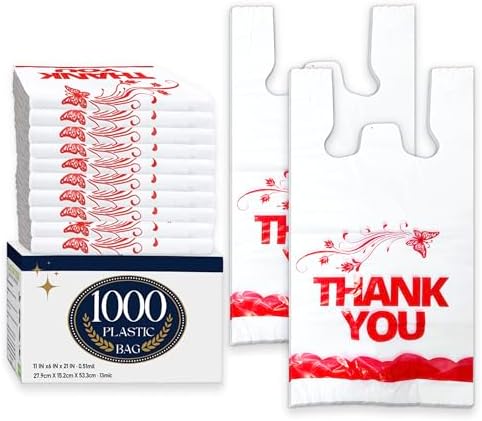 1000PCS White “Thank You” T-Shirt Bags – Reusable & Disposable Grocery and Supermarket Shopping Bags, 11"x6"x21"