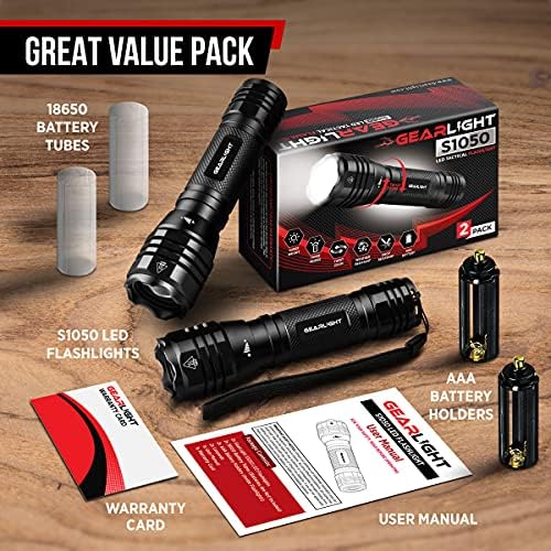 GearLight S1050 LED Flashlight High Lumens - for Camping, Hiking, Dog Walking - Powerful Emergency Flashlights with 3 Modes for Outdoor Use - Bright Flashlight - 2 Pack, (Batteries Not Included)