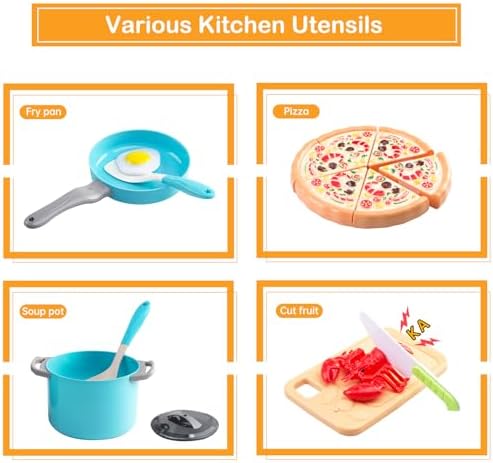 80Pcs Kitchen Playset, Toddler Pretend Cooking with Pots, Pans, Cookware, Food, Picnic Blanket, Fruits, Veges, Shopping Storage Basket, Dessert, Learning Gift for Girls Boys (Turquoise)