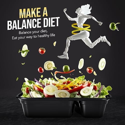 Glotoch 50 Pack 32oz 2 Compartment Meal Prep Container Microwave Safe, Food Prep Containers With Lids For Lunch/Deli/Takeout/Leftover, BPA-Free Freezer & Dishwasher Safe, Black