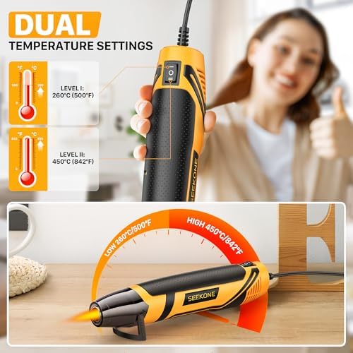 SEEKONE Mini Heat Gun, 350W 2-Temp Settings 500℉ & 842℉(260℃& 450℃) Fast Heat Hot Air Gun Tool with Reflector Nozzle and 4.9Ft Long Cable Overload Protection for Crafting, Vinyl Wrap and Shrink Tubing