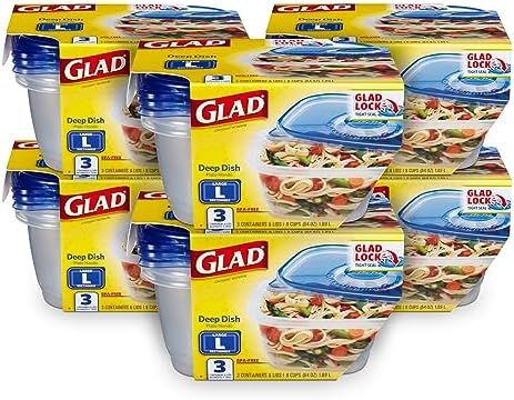 Glad GladWare Deep Dish Food Storage Containers, Large Rectangle - Meal Container Holds up to 64 Ounces of Food - Lock Tight Seal, 3 Count - 6 Pack