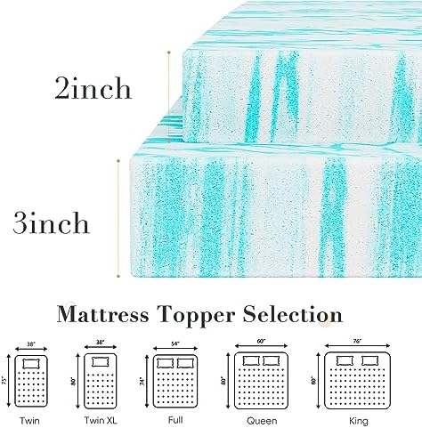 Memory Foam Mattress Topper Queen, 2 Inch Thick Gel Infused Bed Toppers for Queen Size Bed, Soft Mattress Pads for Sleeper Sofa, RV, Camper, CertiPUR-US Certified, Blue