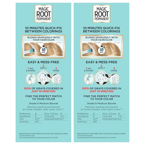 L’Oréal Paris Magic Root Permanent Hair Color, 10 Minute Hair Dye Kit to Rescue Roots with 100% Gray Hair Coverage, 8 Medium Blonde, 2 Pack (Packaging May Vary)