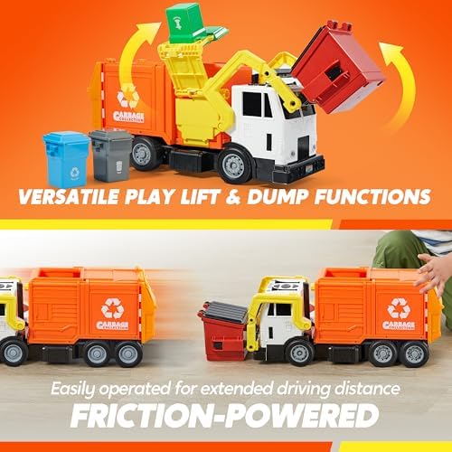 JOYIN Large Friction Powered Garbage Truck Toy Set, Includes Dumpster, Trash Bins, and Learning Cards for Kids, Orange