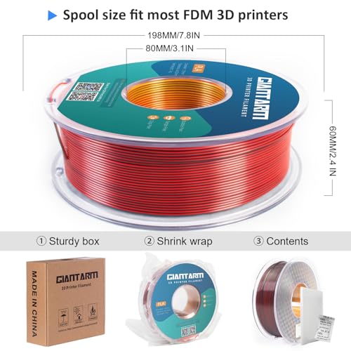 GIANTARM Tri-Colors Silk Pla Filament, Shiny Pla 3D Printer Filament 1.75mm +/-0.03mm, 1Kg (2.2lbs) Spool, Vacuum Packaging (Red+Gold+Black)