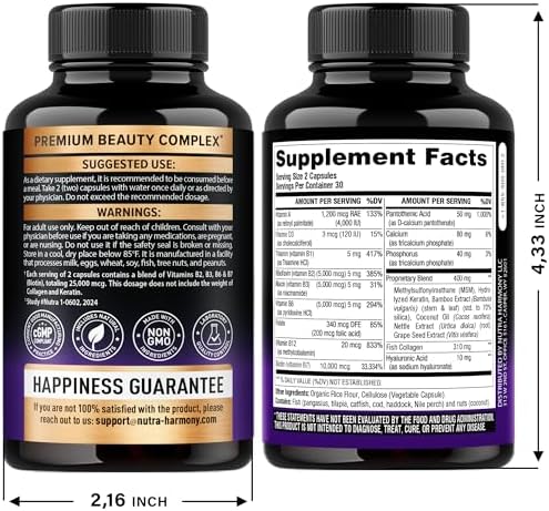 Biotin | Collagen | Keratin - Clinically Tested Supplement - Hair Growth Support, Skin & Nails - 25000 mcg Vitamins B2, B3, B6 & B7 + B1 & Hyaluronic Acid - Made in USA - Women & Men | 60 Capsules
