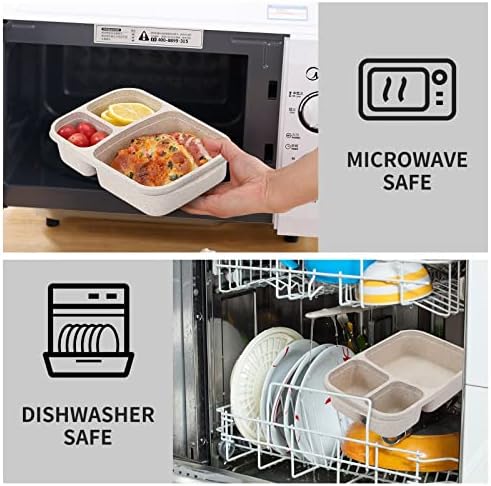 4 Pack Bento Lunch Box Set 3 Compartment Food Storage Containers Wheat Straw Meal Prep Lunch Box Plastic Food Storage Containers, Microwave and Dishwasher Safe (light colour)