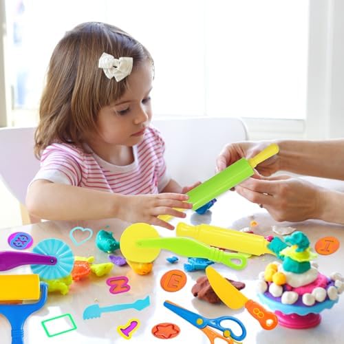 Playdough Tool Set, 56 Pcs Play Dough Tools Sets for Kids Ages 4-8, Playdough Accessories Includes Alphabet Numbers Shapes, Cutters Roller, Rolling Pins, Safety Scissors, Plastic Knife