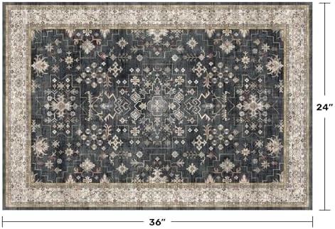 Black Washable Entry Rug, 2x3 Small Rugs for Entryway Kitchen Bathroom Door Mat Indoor Entrance, Non Slip Rubber Backing, Stain & Fade Resistant, Ashen Charcoal Floral Decor
