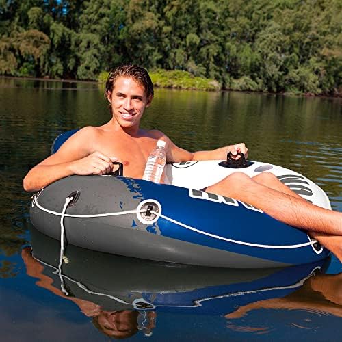 INTEX 58825EP River Run 1 Inflatable Floating Lounge: Comfortable Backrest – Built-in Cup Holders – Durable Grab Handles – All Around Grab Rope – 220lb Weight Capacity– Blue