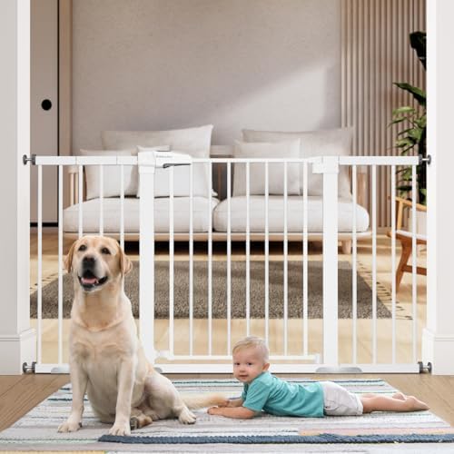 BABELIO 29-55 Inch Extra Wide Baby/Dog Gate, Metal Auto Close, Pressure Mounted Pet Door for Doorways, NO Need Tools and Drilling, with Wall Cups, White