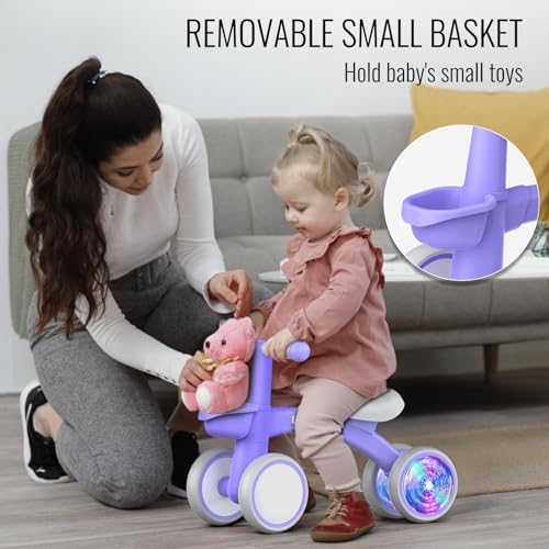 Umatoll Colorful Lighting Baby Balance Bike for 1 Year Old Boys Girls, 12-24 Months Toddler Bike with Basket, Adjustable Seat, First Birthday Gift (Purple)
