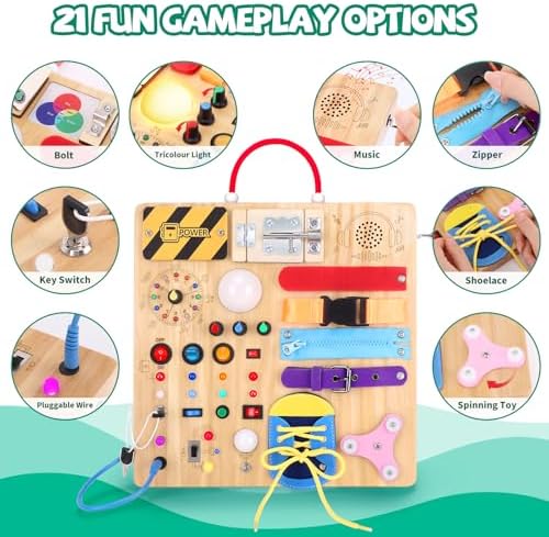 Busy Board,Montessori Toys for 1-3 Years Old, Wooden Toddler Toys, Autism Sensory Travel Toy, Ideal Gift for 1+ Year Old Boys (Busy Board Plus v3)