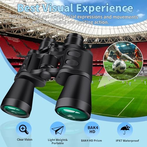 20x50 Binoculars for Adults High Powered with Low Light Compact Waterproof Binoculars for Bird Watching Hunting Travel Football Stargazing BAK-4 Prism FMC Lens(Black)