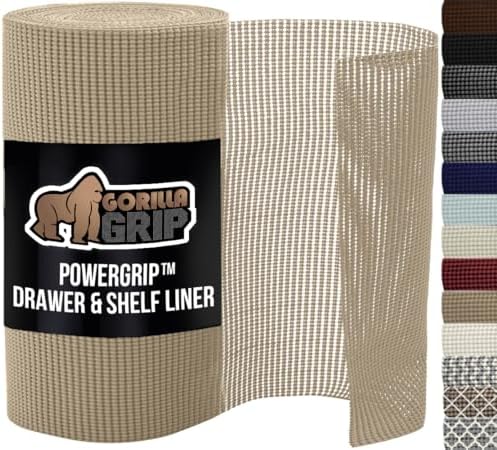 GORILLA GRIP powerGRIP Drawer Shelf and Cabinet Liner, Thick Strong Hold, Non-Adhesive Liners Protect Kitchen Cabinets and Cupboard, Bathroom Drawers, Easy Install, Breathable Mat, 12" x20', Beige