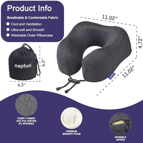 napfun Travel Pillow, Travel Accessories & Travel Essentials for Airplane Upgraded 100% Pure Memory Foam Travel Neck Pillow for Flight Headrest Sleep, Portable Plane Necessities, Full Black