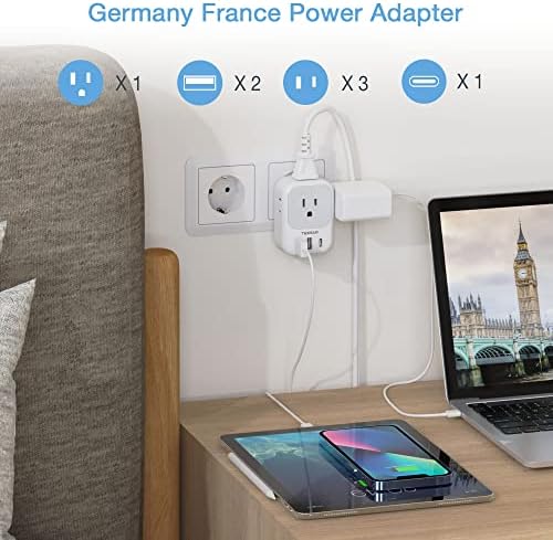 TESSAN 2 Pack Type E F Plug Adapter USB C, Germany France Power Adaptor with 3 USB Charger Ports, 4 AC Outlets Travel Plug for US to Europe EU Spain Iceland Korea Greece Russia German French
