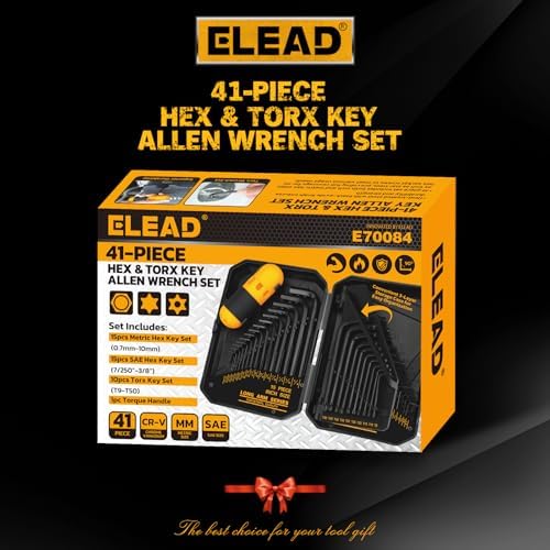 ELEAD Hex Key Allen Wrench Set: 41-Piece Hex and Torx Key Set with Torque Handle, Standard SAE(0.028"-3/8") & Metric(0.7mm-10mm) & Torx(T9-T50) in Storage Case, Heat Treated Chrome Vanadium Steel