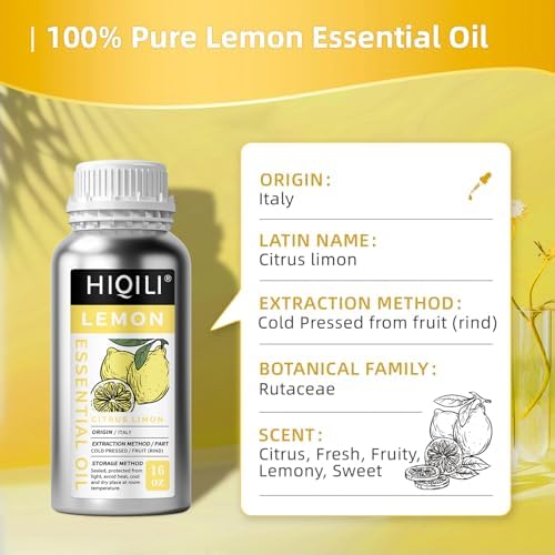 HIQILI Lemon Essential Oil for Cleaning, Degreasing & Household Use, Skin Care, Aromatherapy, Diffuser - 16 Fl Oz