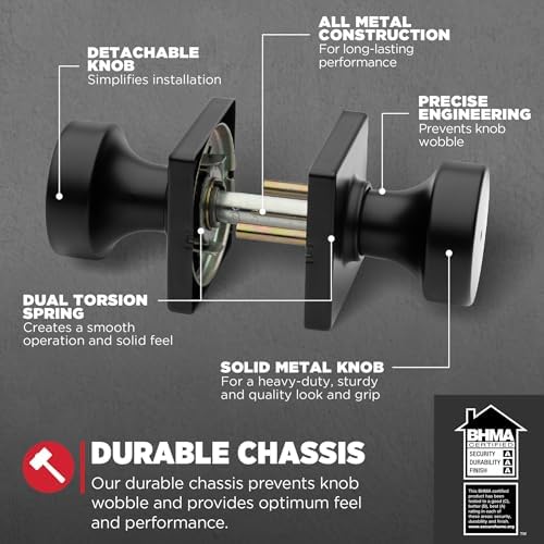 Kwikset Pismo Interior Privacy Door Knob with Lock, Door Handle For Bathroom and Bedroom, Matte Black Keyless Turn Lock Doorknob, with Microban Protection