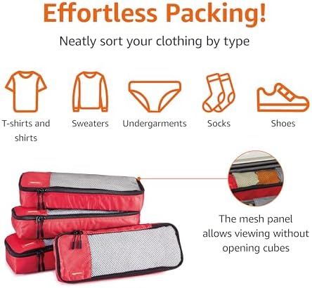 Amazon Basics Slim Packing Cubes for Travel, Packing Organizers, 4-Piece-Set With Double Zipper Pulls and Mesh Top Panel, 100% Durable Polyester, Red, 14"L x 5"W x 3"H