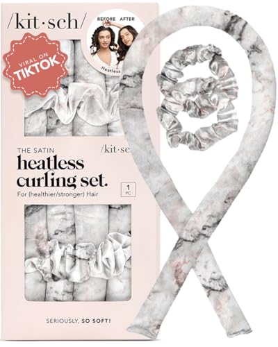 Kitsch Satin Heatless Hair Curler Set - Heatless Curls Overnight, Hair Rollers for Soft Curls & Frizz-Free Styling, No Heat Curlers To Sleep in, Curling Rod Headband with 2 Scrunchies - Marble