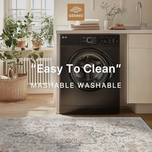 GENIMO 5X7 Area Rugs for Living Room, Machine Washable Non Slip Vintage Rugs, Low Pile Lightweight Chenille Print Rug for Bedroom, Dining Room, Home Office, Light Taupe Brown