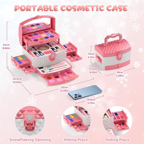 PERRYHOME Kids Makeup Set for Girl 56 Pcs Washable Real Cosmetic, Non-Toxic Frozen Toys Toddler Makeup Kit, Princess Dress up Christmas & Birthday Girl Gift for 3 4 5 6 7 8 9 10 11 12 Year Old Girls