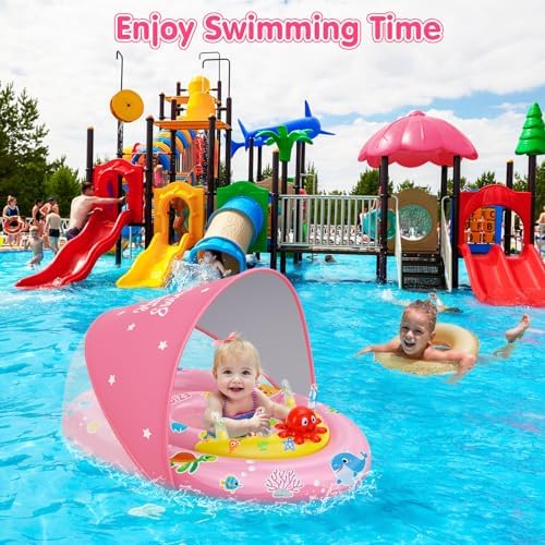 EZIGO Baby Pool Float with Canopy UPF50+ Sun Protection, Inflatable Kids Pool Floats with Ocean Animal Toys for Baby 6-36 Months, Infant Swimming Float with Adjustable Safety Seat for Boys Girls