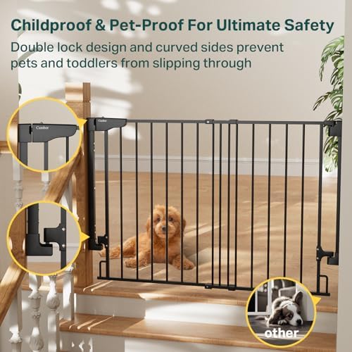 Cumbor 29.2-43" No Bottom Bar Baby Gate for Stairs, 2-in-1 Auto Close Dog Gate Indoor, Hardware Mounted Pet Gate for Doorways with Large Walk Thru Door, Child-Proof Safety Gate for Kids (Black)