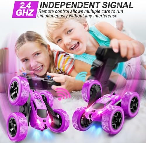 RC Cars, Purple Remote Control Car for Girls, 2.4 GHZ Double Sided RC Stunt Car 360° Rotating Remote Control Crawler with Headlights Car Toys for 6 7 8 9 10 11 12 Girls Birthday Gift