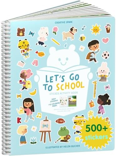 CUPKIN Sticker Book for Kids 2-4, 500+ Kids Stickers, Let's Go to School 12 Coloring Pages 12 Side by Side Scenes, Fun Toddler Travel Activity Coloring and Sticker Books for Ages 4-8 + 8-10