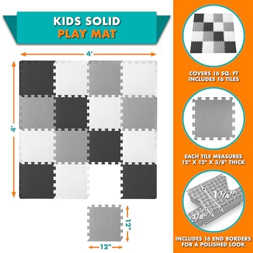 ProSource Foam Puzzle Floor Play Mat for Kids and Babies with Solid Colors, 36 or 16 Interlocking Tiles with Borders, Black/Grey/White