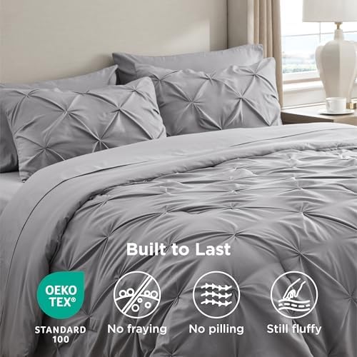 Bedsure Queen Comforter Set Grey - Bed in a Bag Queen Size 7 Pieces, GentleSoft™ Pintuck Bed Set Gift for Family, Pinch Pleat All Season Comforter with Sheets, Pillowcases & Shams
