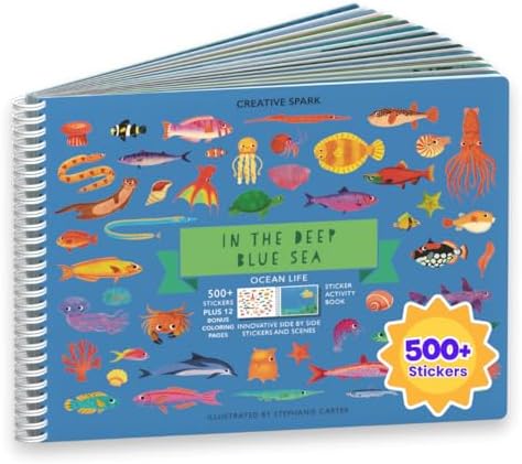 Cupkin Ocean Sticker Book Activity for Kids, Toddler Airplane Travel Essentials, 500+ Shark Stickers for Kids + 12 Scenes + 12 Coloring Book Pages, Deep Blue Sea Gift, Kid Crafts Ages 2-8