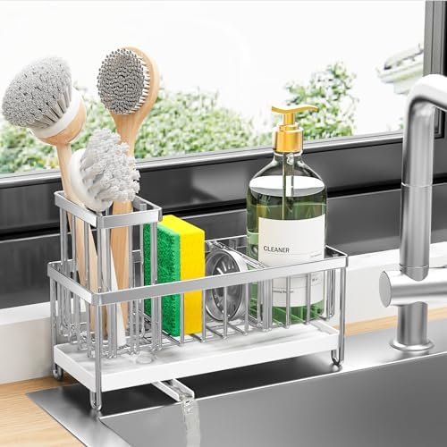 Cisily Silver Sponge Holder for Kitchen Sink, Sink Caddy Organizer with High Brush Holder, Kitchen Countertop Organizers and Storage Essentials, Rustproof 304 Stainless Steel, Soap Dispenser Organize