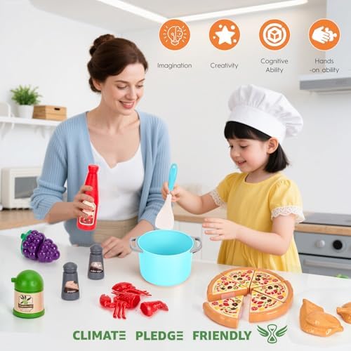 80Pcs Kitchen Playset, Toddler Pretend Cooking with Pots, Pans, Cookware, Food, Picnic Blanket, Fruits, Veges, Shopping Storage Basket, Dessert, Learning Gift for Girls Boys (Turquoise)