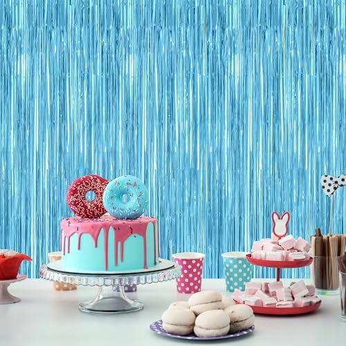 4 Pack Party Decorations, 3.28 FT x 7.05 FT Blue Foil Streamers, Metallic Sky Blue Backdrop Fringe Curtains Bithday Back Drop, Winter Backdrop for Party Supplies Door Decor Hanging