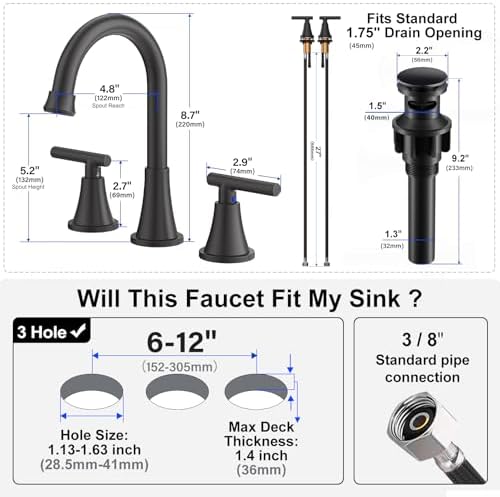 Bathroom Faucets for Sink 3 Hole, Hurran Matte Black Bathroom Sink Faucet with Pop-up Drain and Supply Lines, Stainless Steel Lead-Free Widespread Faucet for Vanity RV Farmhouse Sink