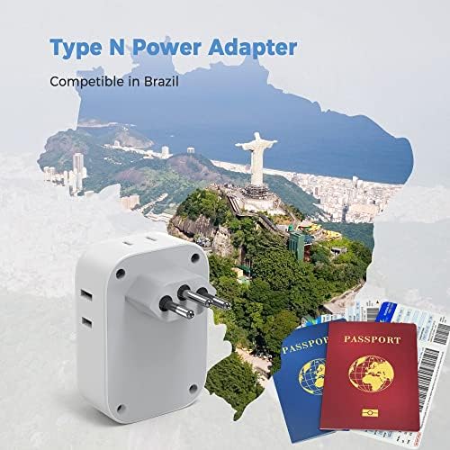 TESSAN Brazil Power Adapter, US to Brazil Travel Plug with 4 American Outlets 3 USB Charger (1 USB C Port), Type N Adaptor for USA to Brazilian Brasil